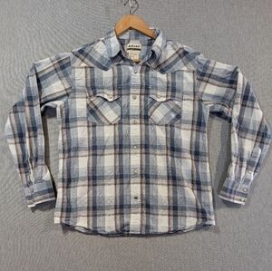 Ariat Retro Fit Plaid Shirt Men's Large Blue White Brown Snap